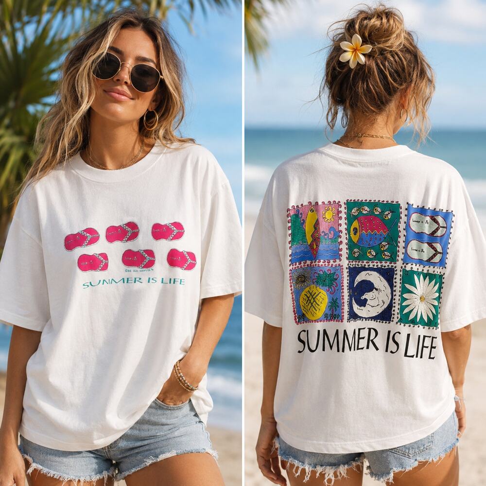 Delta Cotton SZ XL Single Stitch Summer Is Life Front/Back Graphic Tee Made USA